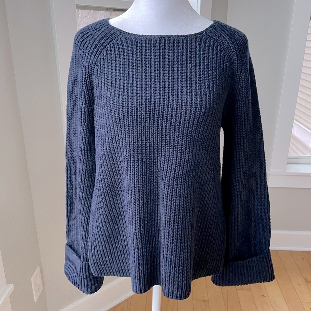LOFT Navy Blue Chunky Ribbed Knit Flare Sleeve Cotton Boatneck Sweater Sz Small